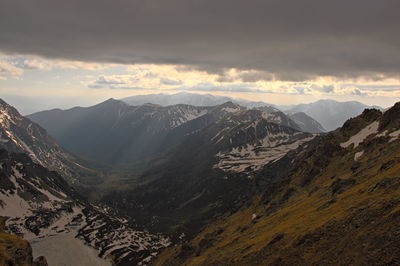 Scenic view of snowcapped mountains against sky during sunset