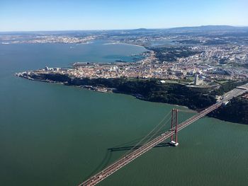 High angle view of cityscape by sea against sky