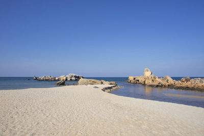 Scenic view of beach against clear blue sky