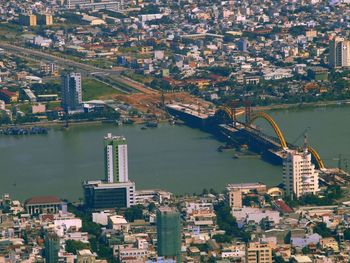 High angle view of city at waterfront