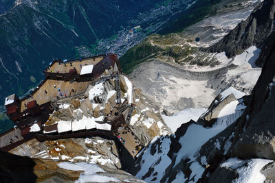 High angle view of snowcapped mountains during winter