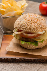 Close-up of burger on table