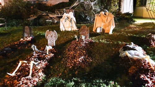 Panoramic shot of sculptures hanging on field by trees in forest