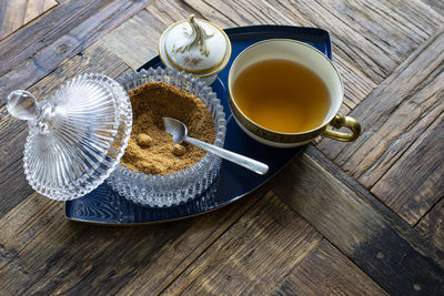 High angle view of breakfast on table