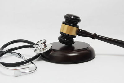 Close-up of electric lamp on table against white background