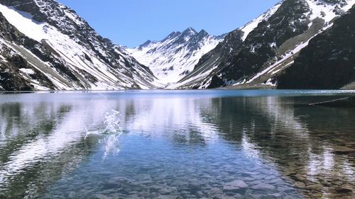 Scenic view of snowcapped mountains by lake against sky