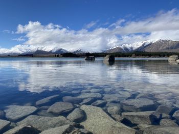 Scenic view of lake by snowcapped mountains against sky