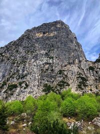 Low angle view of rock formations against sky