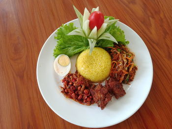 High angle view of meal served on table