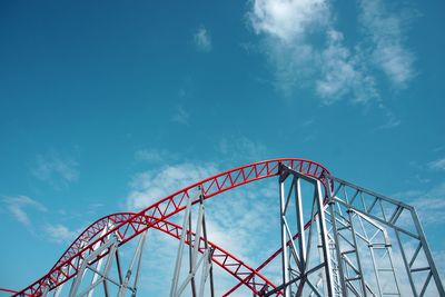 Low angle view of rollercoaster against blue sky