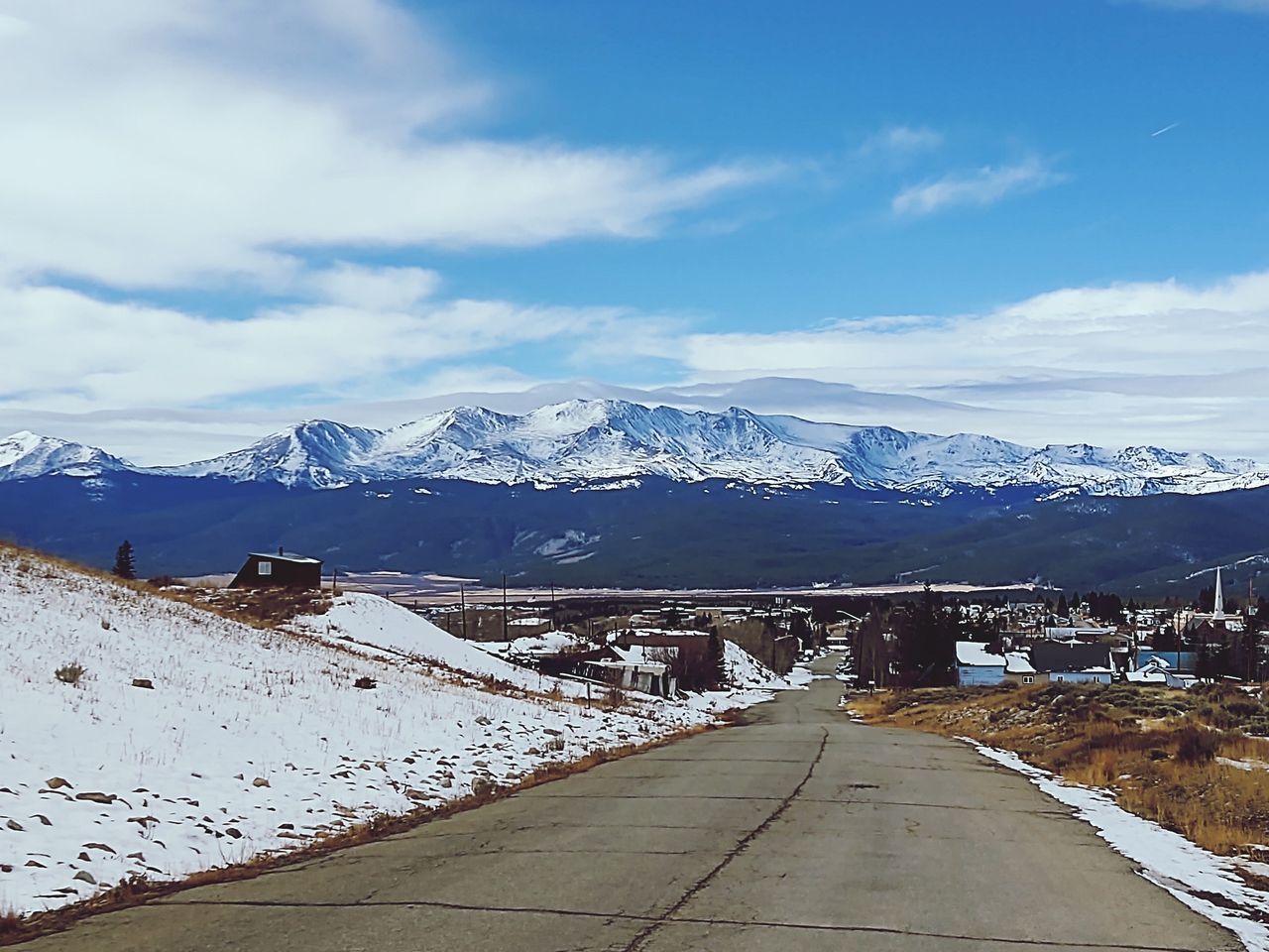 ROAD BY SNOWCAPPED MOUNTAIN AGAINST SKY