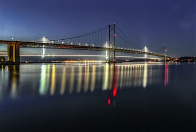 Illuminated suspension bridge over river