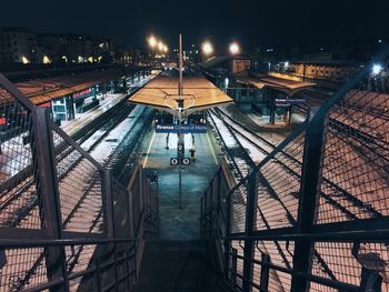 High angle view of railroad station platform at night