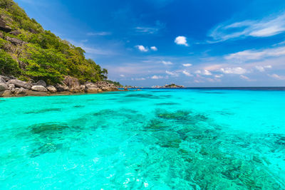 Scenic view of sea against blue sky