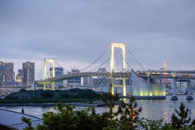 Suspension bridge over river with city in background