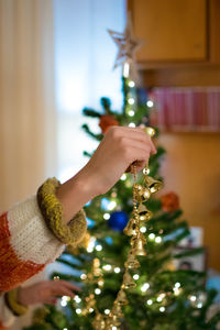 Midsection of person holding christmas tree at home
