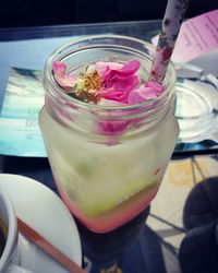 High angle view of drink on table