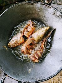 High angle view of fish in pan