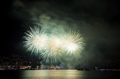 Firework display over river against sky at night