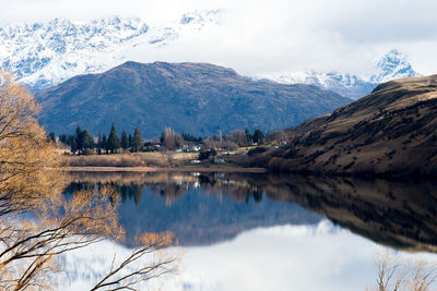 Scenic view of lake and mountains against sky