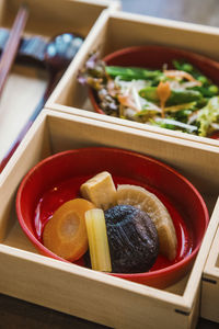 High angle view of seafood in container on table