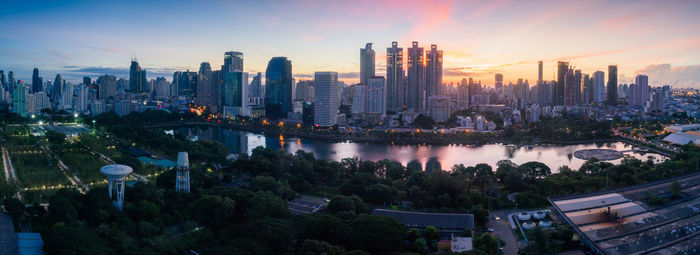 Panoramic view of buildings against sky during sunset