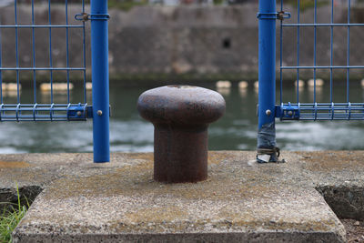 Close-up of metal fence against blue wall