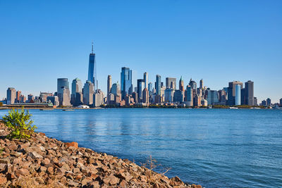 Scenic view of sea against clear blue sky