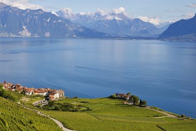 Scenic view of sea and mountains against sky