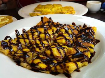 High angle view of dessert served in plate