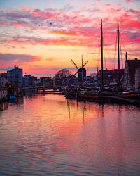 View of marina at sunset