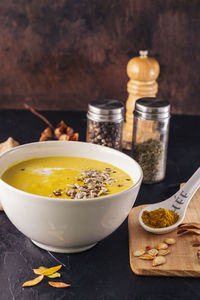 Close-up of soup in bowl on table