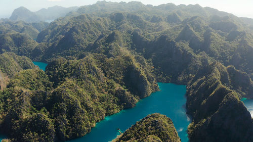 Aerial drone kayangan lake with blue water on tropical island coron. lake in the mountains 