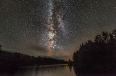 Silhouette trees by lake against sky at night