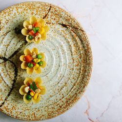 High angle view of fruits in bowl on table