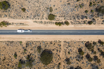 Aerial view of car driving along eyre highway