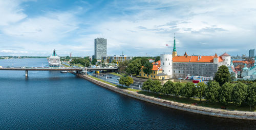 Sightseeing of latvia. aerial view of riga castle in the old town of riga.