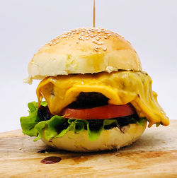 Close-up of burger on table