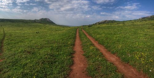 Scenic view of landscape against sky with red gravel path