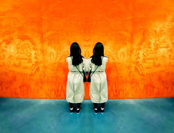 Rear view of friends standing against orange wall