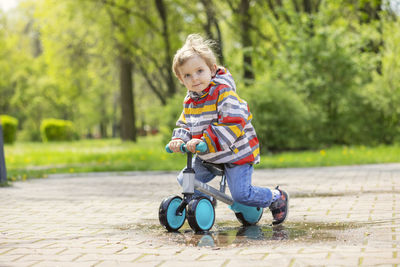 Portrait of boy riding bicycle on road