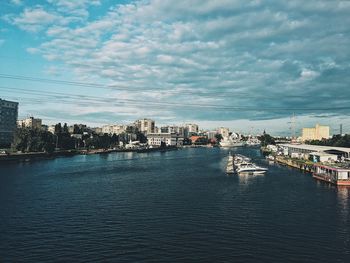 Scenic view of river by cityscape against sky