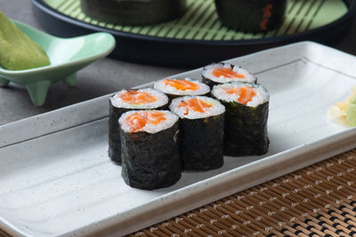 Close-up of sushi in plate on table