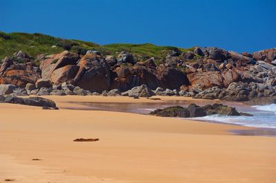 Scenic view of beach against clear blue sky