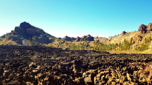 Scenic view of rocky mountains against clear blue sky