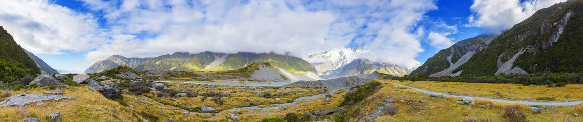 Panoramic view of landscape and mountains against sky