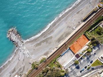 High angle view of sea and railroad