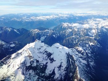 Aerial view of snowcapped mountains against sky