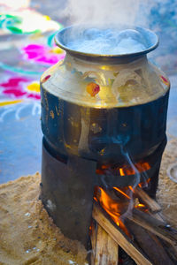 Close-up of fire on table