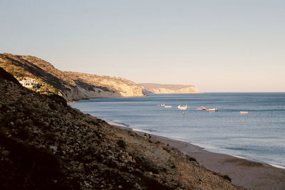 Scenic view of bay against clear sky